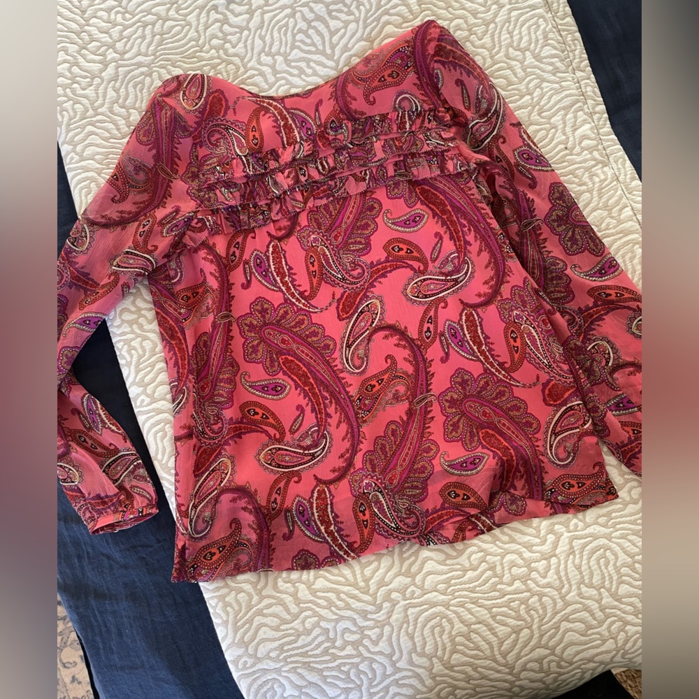 J crew blouse pink paisley top with ruffles and tie in back